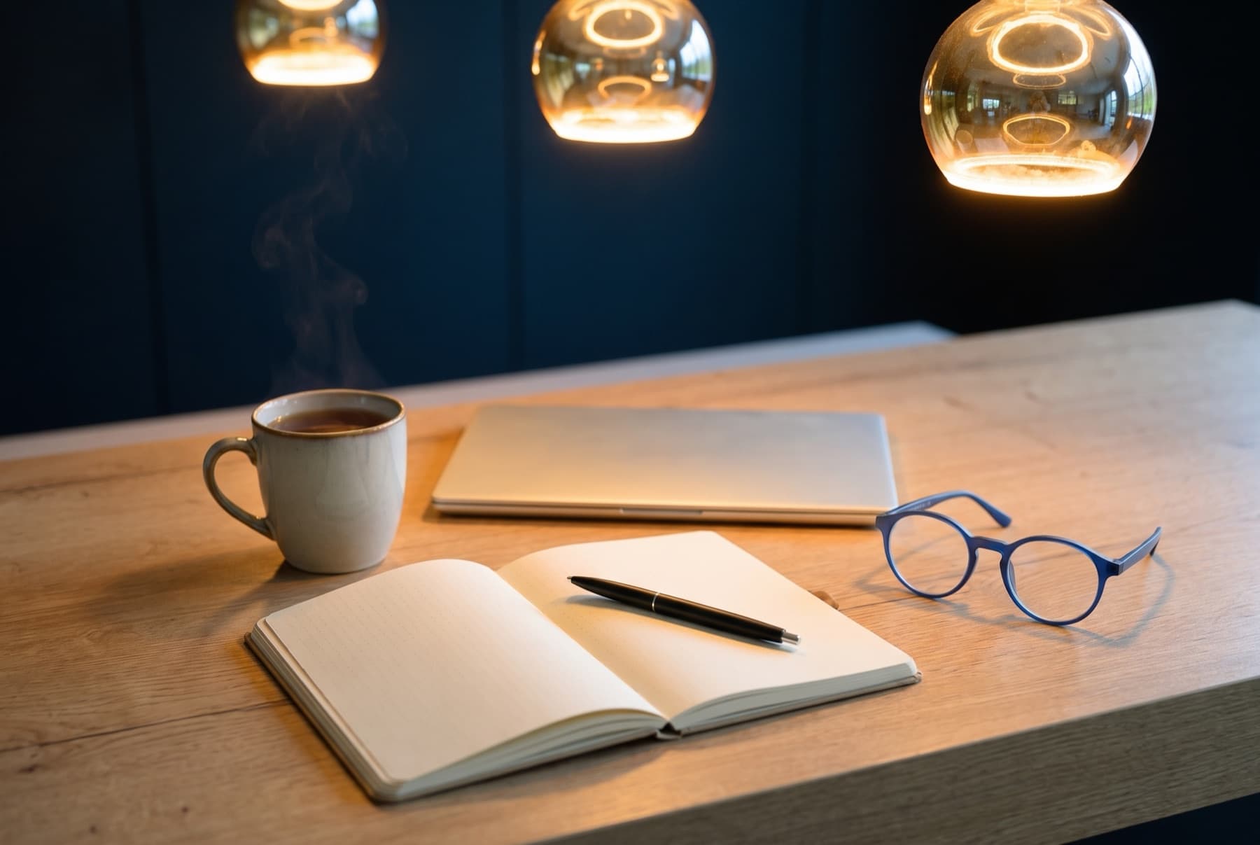A notebook, pen and mug of tea on a wooden table in warm light